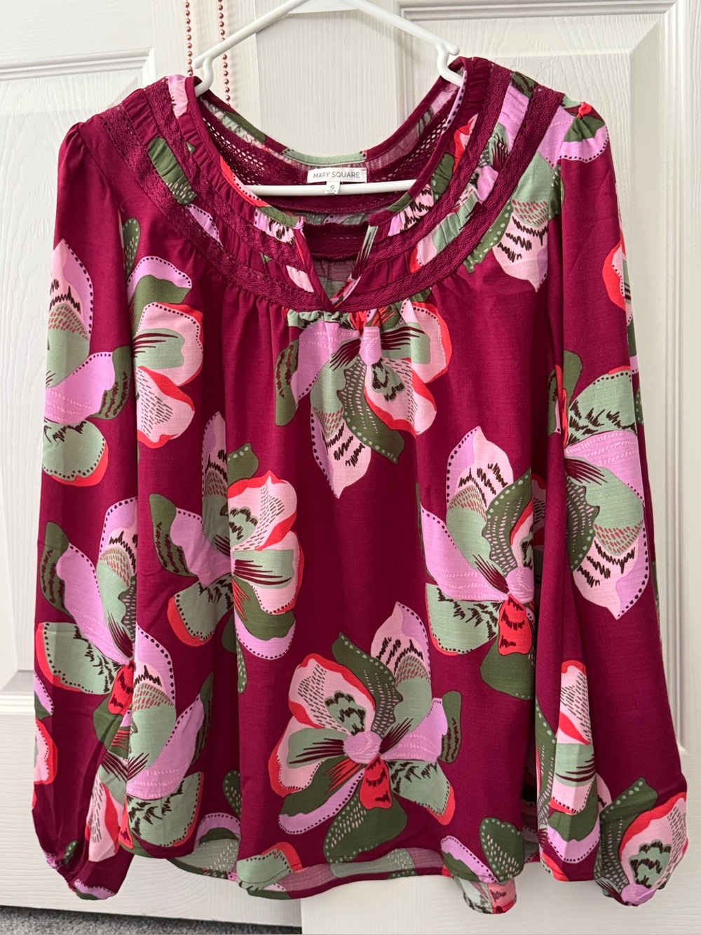 Mary Square Burgundy Floral Peasant Blouse